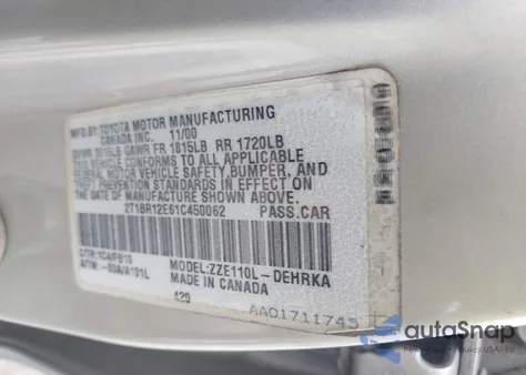 2001 Toyota Corolla Ce from USA, damaged, VIN 2T1BR12E61C450062